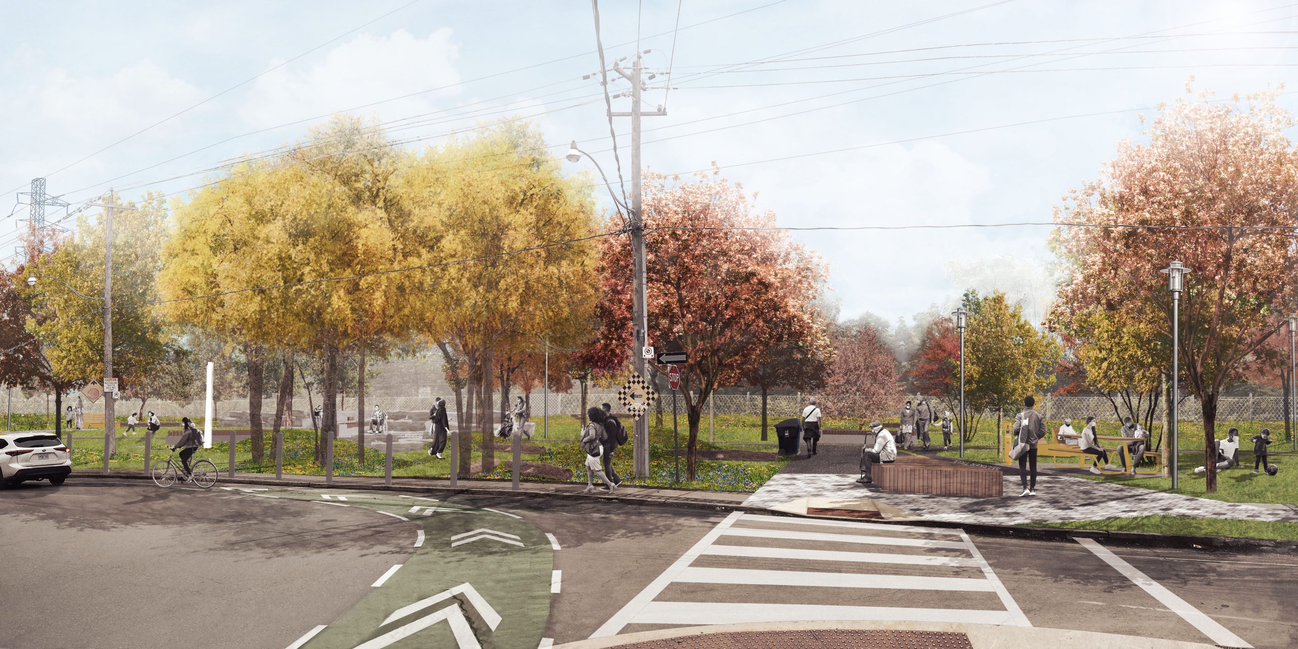 Perspective rendering of the new park at Macpherson Avenue looking South at the central park entrance. Featured in the image are park using the various seating areas, pathways, picnic tables, and the adjacent bike lane.