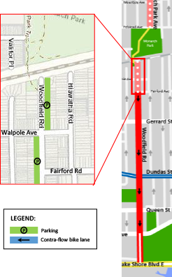 Map showing on-street shared lanes on Monarch Park Avenue, from Monarch Park to Fairfield Avenue. This connects with the multi-use path through Monarch Park to the south.
