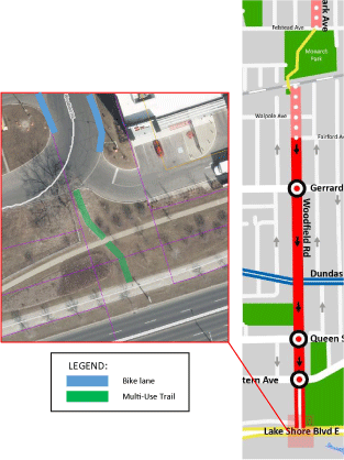 Map showing path at the south end of Woodfield Road that will connect to the east-west Lake Shore Boulevard Trail.