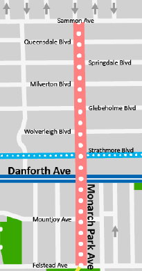 Map showing on-street shared lanes connecting to the existing on-street shared lanes on Strathmore Boulevard and existing bike lanes on Danforth Avenue.