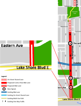 Map showing bike lane on Woodfield Road, from Eastern Avenue to Lake Shore Boulevard Trail. This connects to the contra-flow bike lane north of Eastern Avenue and to the east-west multi-use path to the south.