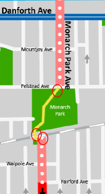 Map showing the connections of how the on-street shared lanes on Felstead Avenue connects with the multi-use path through Monarch Park, and then again to the on-street bike lanes to the south of the park.