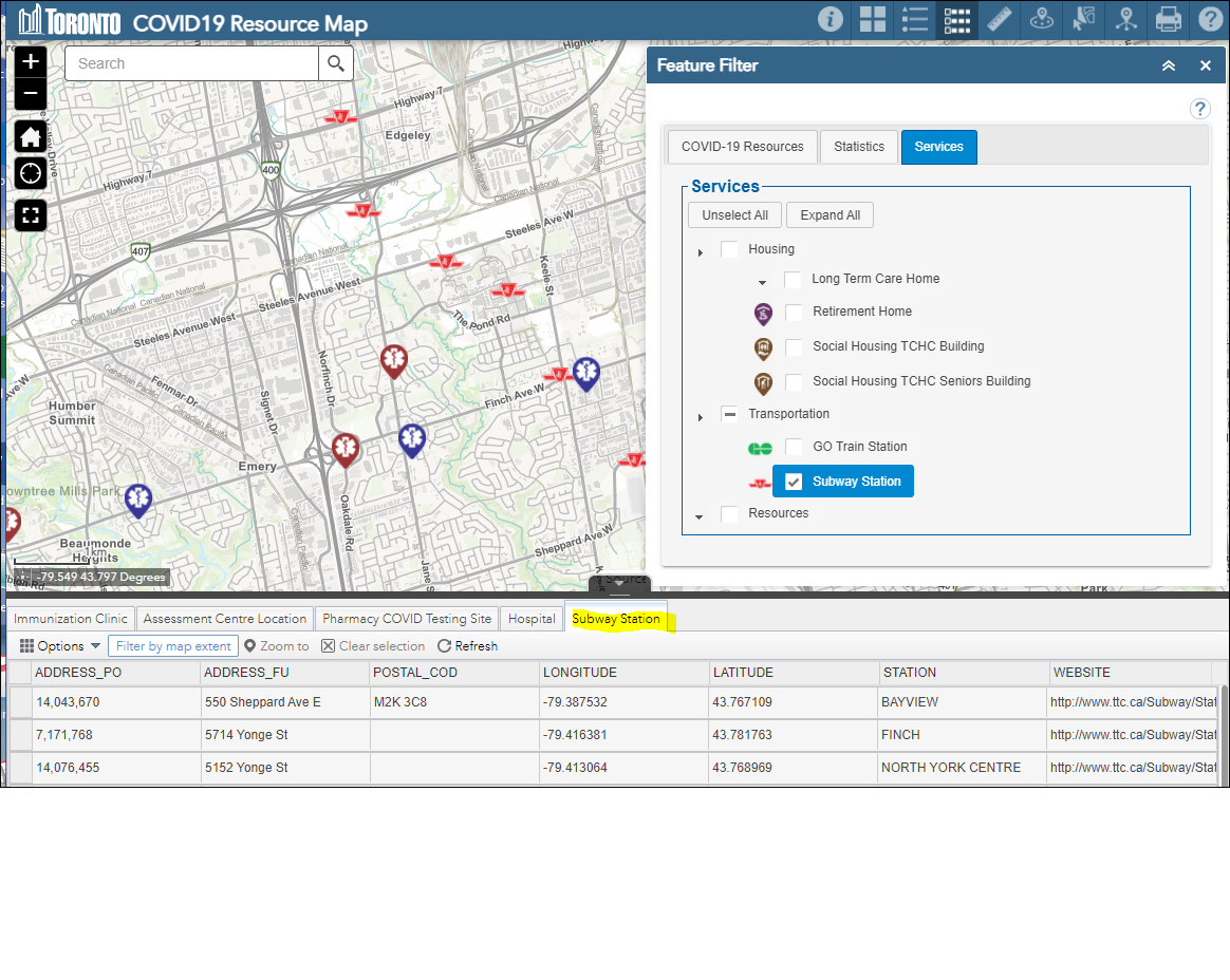 Display of map and Feature Filter menu with Subway Station selected and drawn and an addition column "Subway Stop " shown in the attribute table