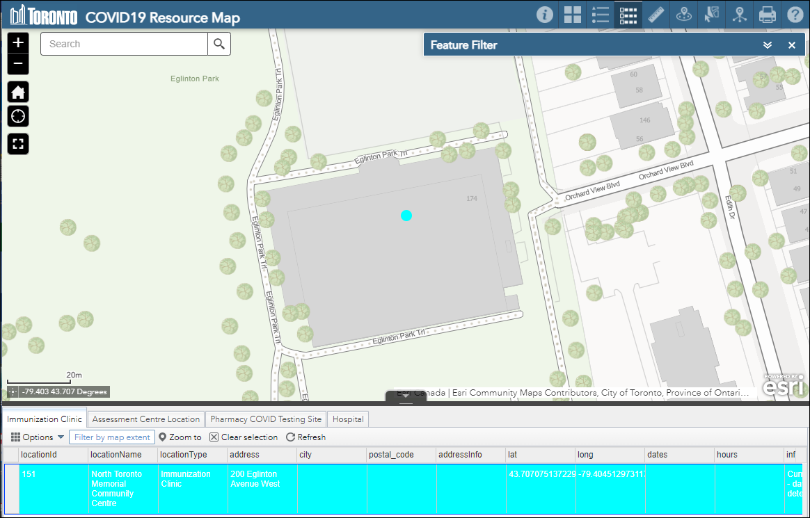 Display of the map zoomed in to the feature selected in the attribute table