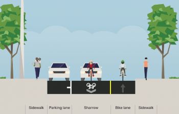 Cross-section showing the road configuration from east to west: sidewalk, parking lane, sharrow, bike lane and sidewalk.