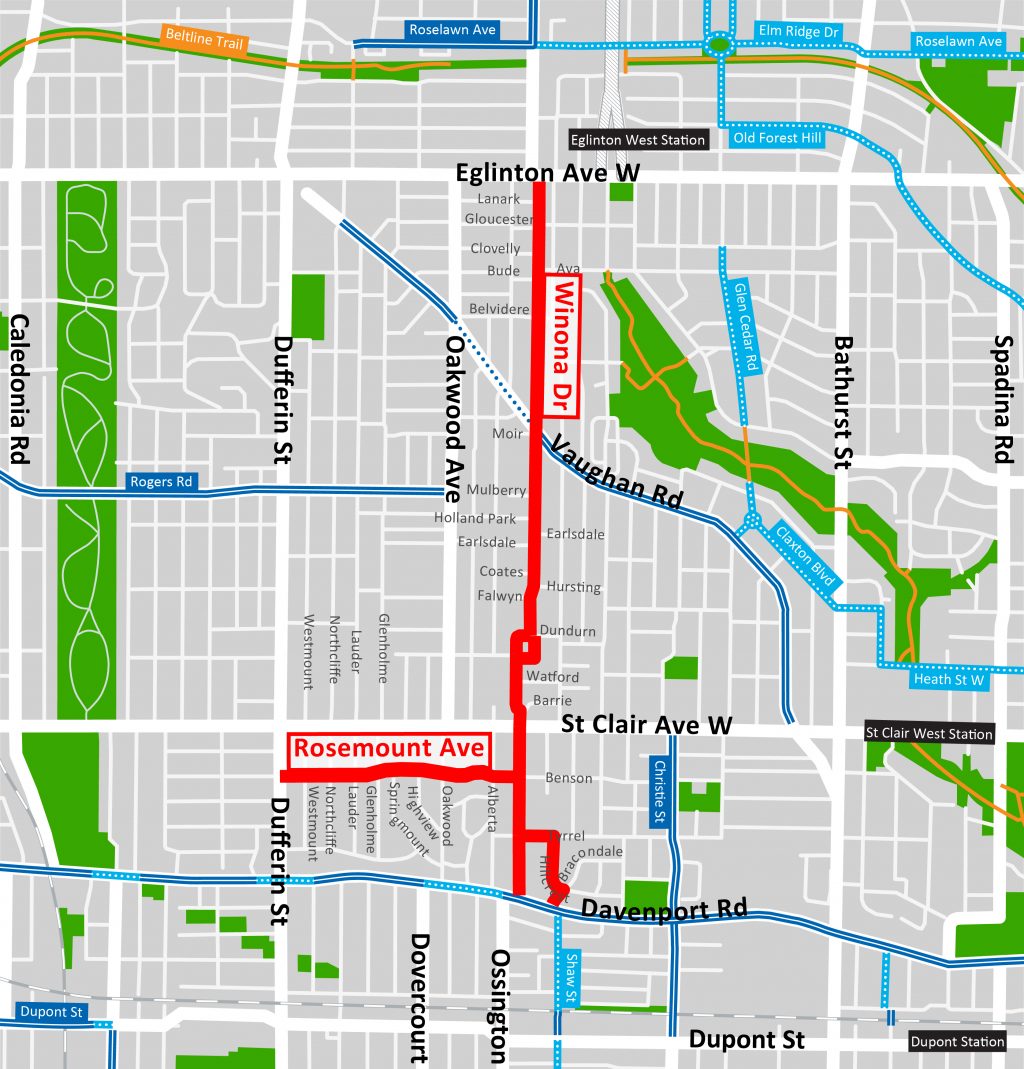 Map of the proposed Oakwood Cycling Connections, including Winona Drive.