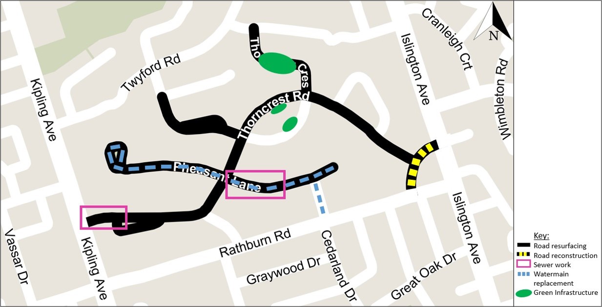 Map shows all the work happening in Thorncrest Village. The work includes road resurfacing along Thorncrest Road, Pheasant Lane, Sir Williams Ln from Plumbstead Ct to Thorncrest Rd, and Thornbury Cres. There is also watermain replacements on Pheasant Ln, a road reconstruction from Thorncrest Rd from Rathburn to Islington. Sewer work would take place from Thorncrest Rd to Thorncrest Rd and Pheasant Ln from Thorncrest Rd to when Pheasant merges into one. Green Infrastructure will happen at select locations and we will individually contact the property owners