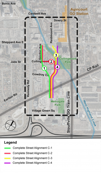 Image showing the four alignment options being considered for a new north-south street