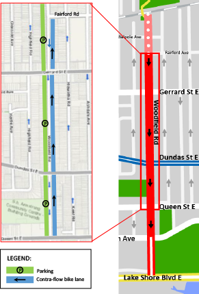 Map showing contra-flow bike lanes on Woodfield Road, from Fairford Avenue to Queen Street East. This connects to the on-street shared lane north of Fairford Avenue and continued contra-flow bike lanes south of Queen Street East.