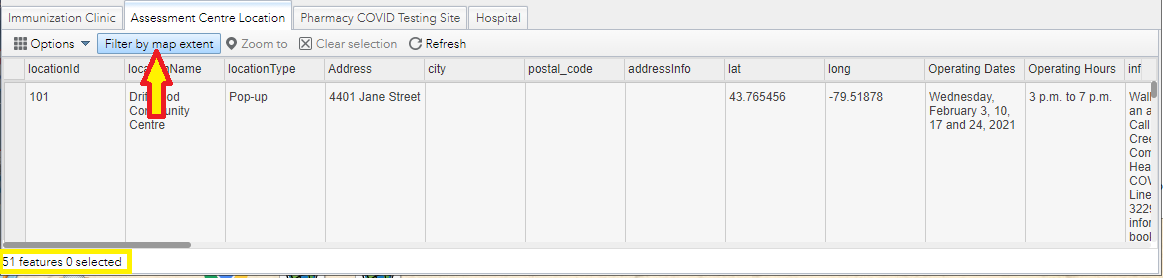 Attribute table shown with an arrow pointing at "Filter by map extent" and the number of features selected shown at the bottom of the men (51 features)