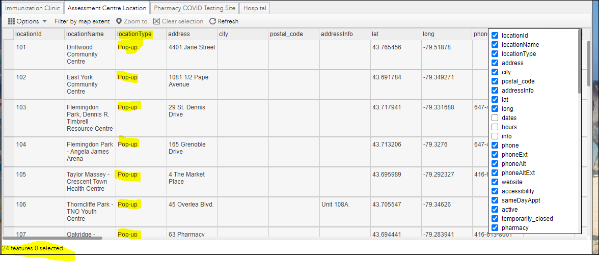 Attribute table shown with only Pop-up Assessment Centre locations shown (24 features)