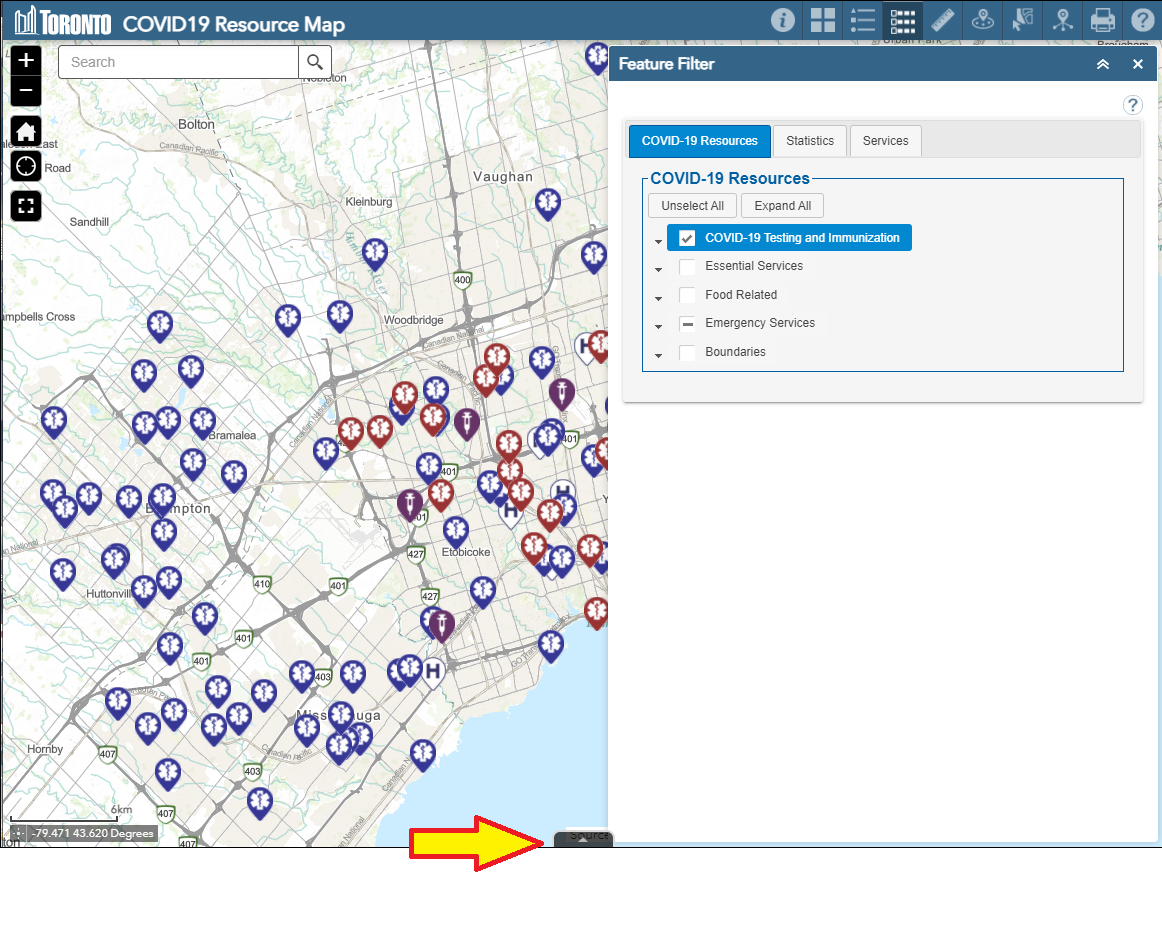 Display of the map with an arrow pointing at the "Open Attribute Table" button at the bottom of the map