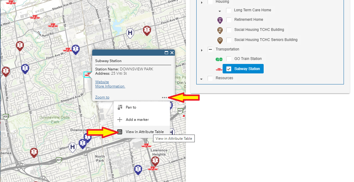 Display of the map with the popup for Subway Stop shown and the elipse (…) menu selected and the "View in Attribute Table " option selected