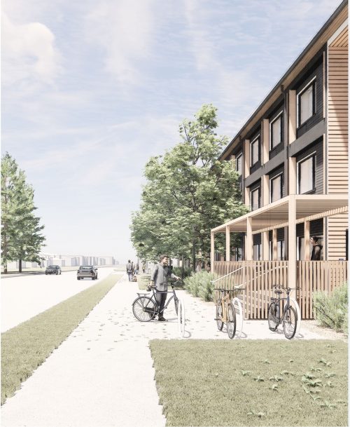 Preliminary artist’s rendering of the modular building – Front entrance looking east. Final design subject to approval.