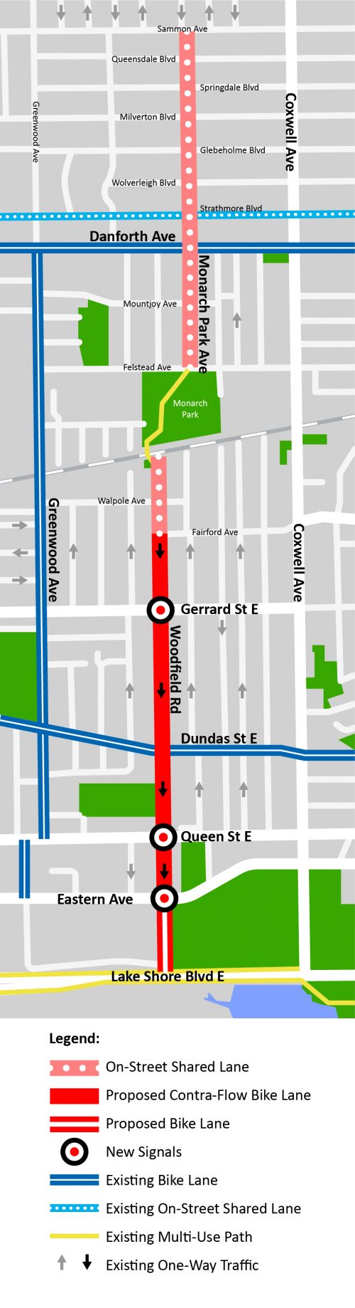 Project area map showing proposed improvements on Woodfield Road and Monarch Park Avenue, from Sammon Avenue to Lake Shore Boulevard.