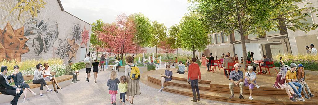 Eye-level perspective rendering of the new park at Mirvish Village, featuring a view looking towards Markham Street Forecourt.