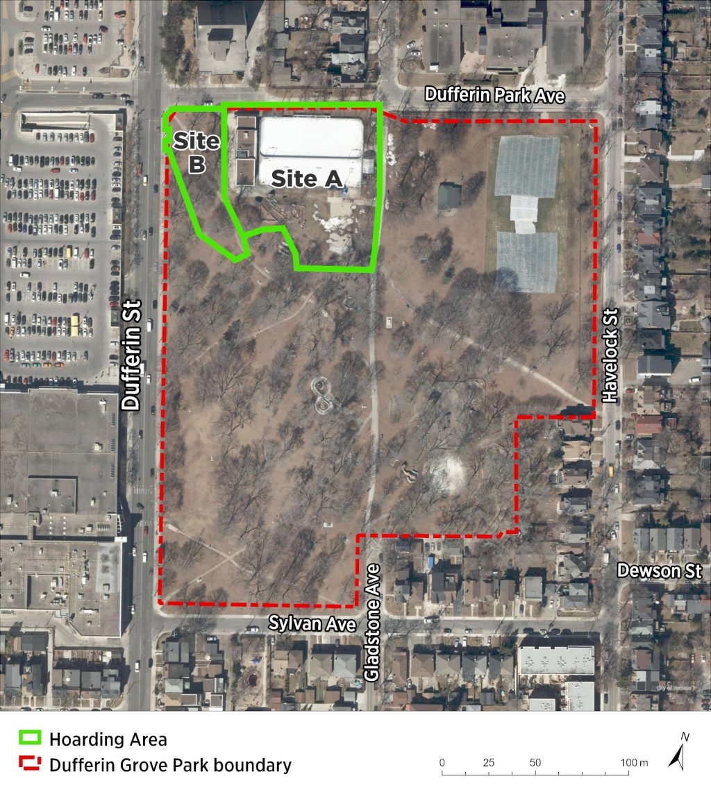 An aerial satellite image of Dufferin Grove Park, outlining the park boundaries in red and the construction hoarding area in green. During construction the Dufferin Grove Park Clubhouse, rinks, basketball court, gardens, and surrounding area (Site A in the Hoarding Map) will be fenced off for construction. The north-west corner pathway, located west of the clubhouse and East of Dufferin Street (Site B in the Hoarding Map), will be open through most of the construction period but closed for work as required.