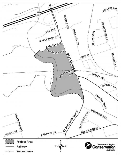 Project area is bounded by Weston Road to the east, Cardell Avenue to the north, west side of the Humber River for to the west and St.Phillips Road just south of Humber River for the southern point. A railway runs east west through the middle of the area which is situated south of the 401.