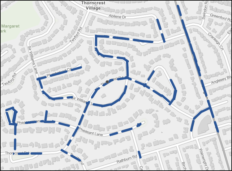 Map shows all the sewer rehabilitation work happening in 2021. The work included sewer rehabilitation along Thorncrest Road, Pheasant Lane, Sir Williams Ln, Islington Ave, Friars Ln, The Wynd and Thornbury Cres