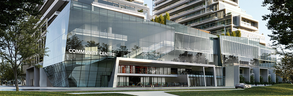 A rendering of the new Newtonbrook Community Recreation Centre. The community centre will be a two-storey facility located within the base of the Newtonbrook Plaza Redevelopment at Yonge Street and Cummer Avenue. The exterior of the development site include simple modern design features like floor to ceiling windows and sculptural elements.