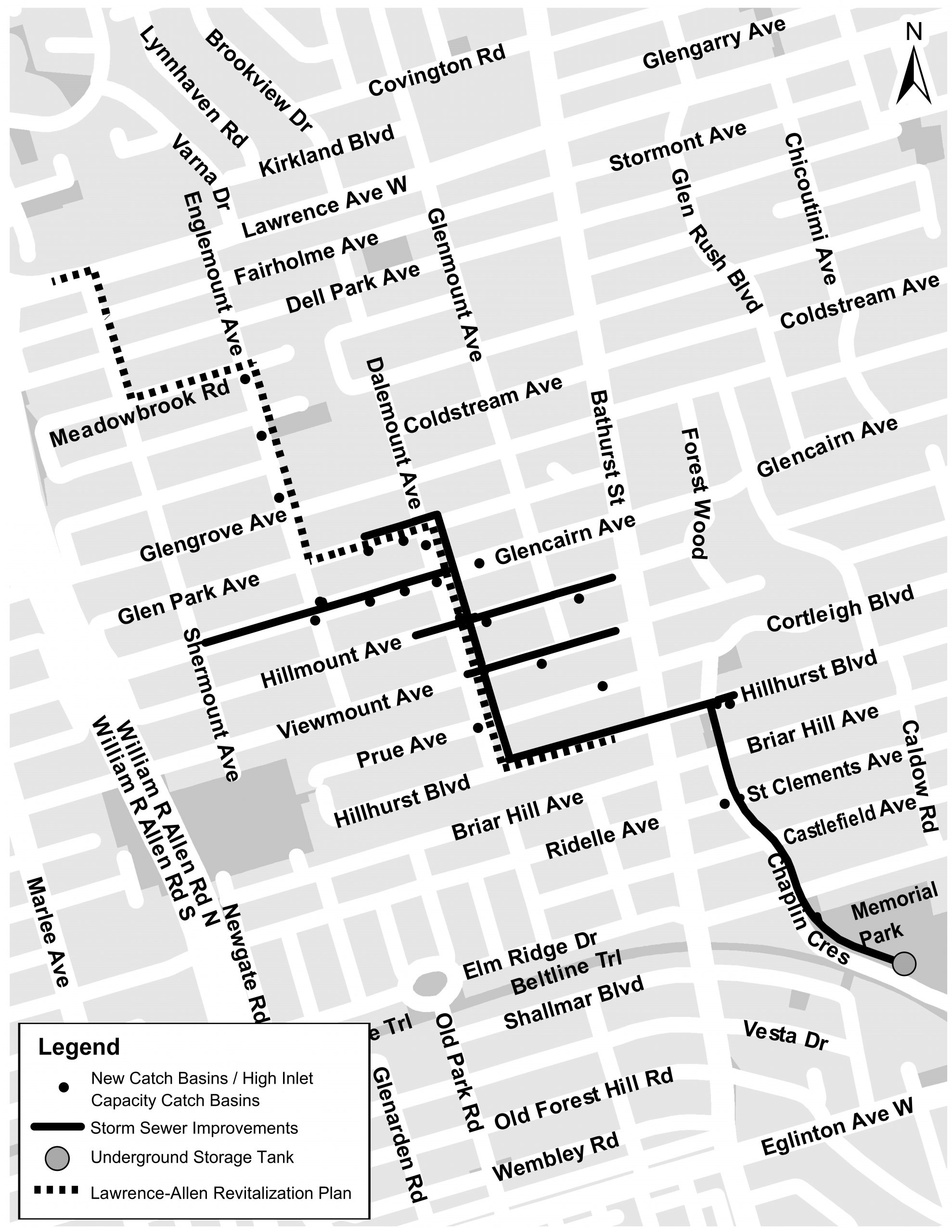Midtown Relief Sewer Map - New sewer along Dalemount Ave from Glenpark Ave to Hillhurst Blvd and east to Chaplin Cres south to Memorial Park