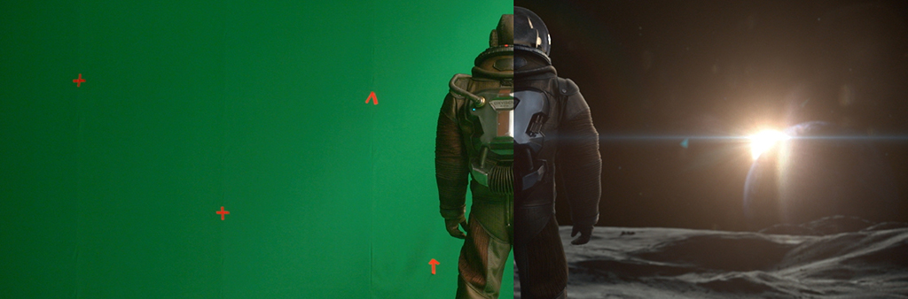 Image of film shoot with actor in astronaut costume in front of blank green screen on left, and image of lunar surface on right.