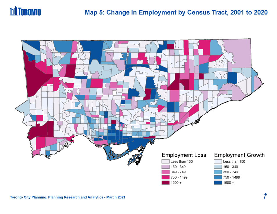Map illustrating how employment in many of Toronto’s inner suburbs has remained flat or declined between 2001 and 2020