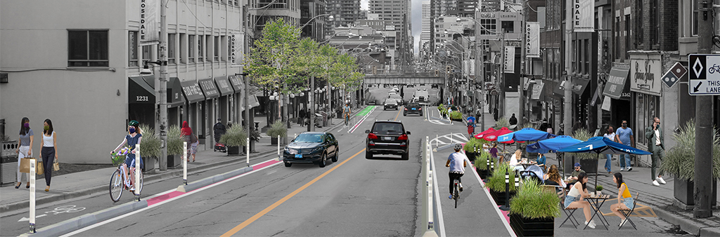 Artistic rendering of the complete street pilot project for Yonge Street between Bloor St. and Davisville Ave. There are two lanes of vehicle traffic, protected bike lanes, curb lane cafes and people walking on the sidewalk.