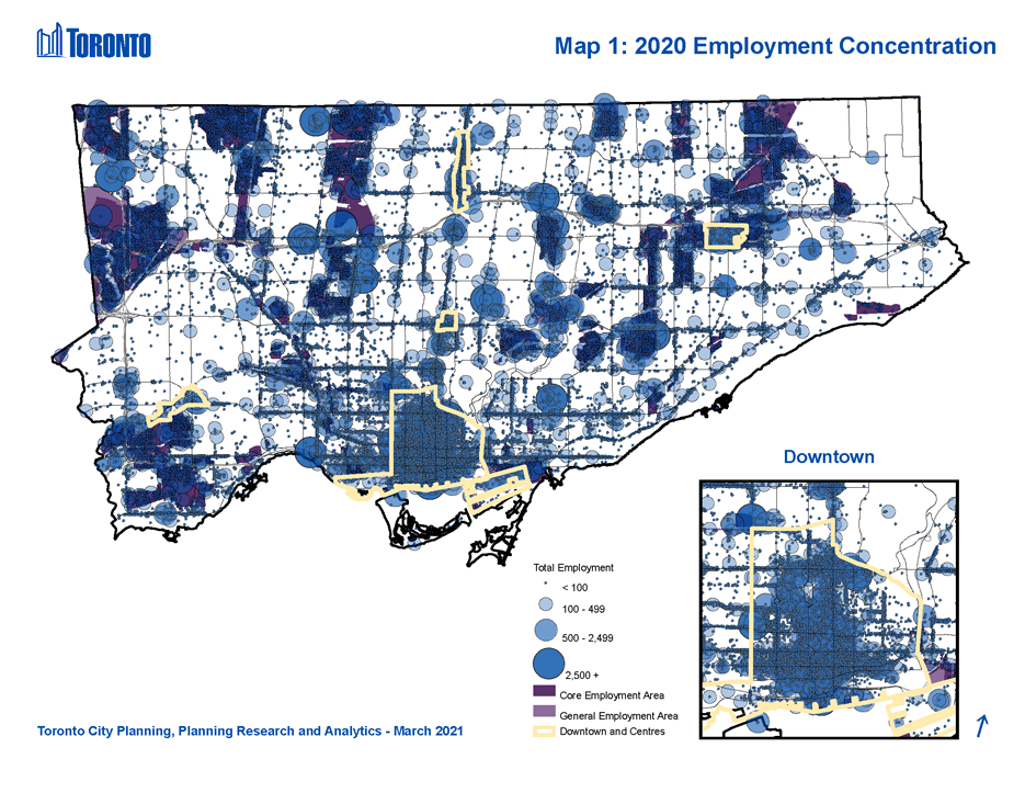 Map 1: Employment Concentrations, City of Toronto. This map shows locations of all establishments in the city, with graduated symbols for establishments (1) having less than 100 employees, (2) having between 100 and 499 employees (3) having between 500 and 2,499 employees and (4) having over 2,500 employees