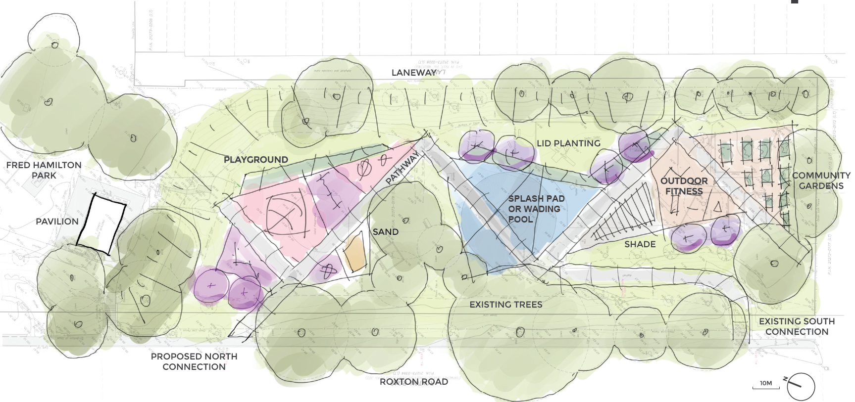 A sketch-style concept plan for the playground and wading pool enhancements. The layout is defined by the zig-zag pathway that connects the north to the south end of the park. The playground is shown in pink, the splash pad is shown in blue, the outdoor fitness area is shown in light brown and the new plantings are shown in purple focused in the center of the park. 