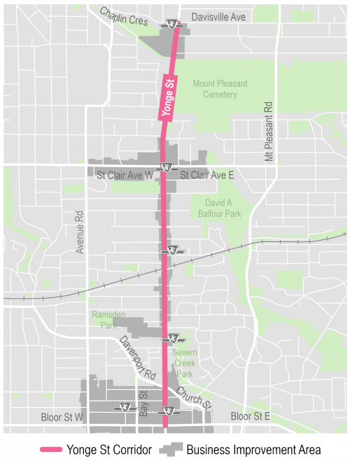 Map of project area displaying Yonge Street between Bloor Street as the south limit and Davisville Avenue as the north limit. Contact Maogosha Pyjor for more information