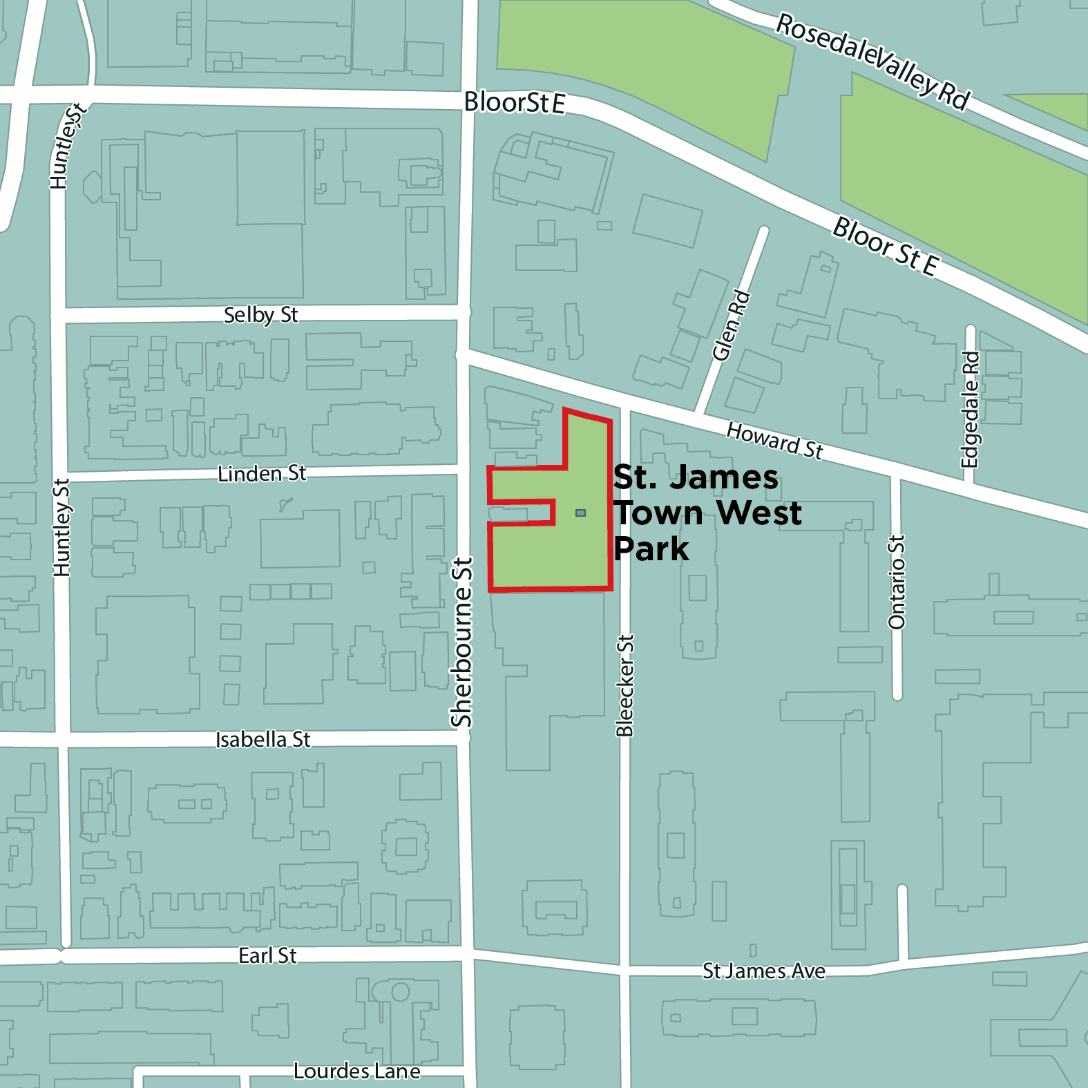 Aerial map showing the location of St. James Town West Park, located south of Bloor Street and east of Sherbourne Street.