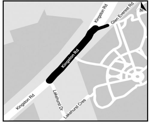 A new 200 metre segment of separated trail and sidewalk is being constructed along the south side of Kingston Road between Lakehurst Drive and Glen Everest Road