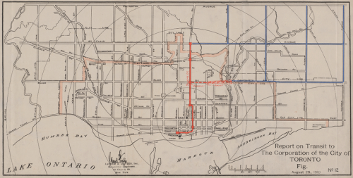 Map of Toronto showing in red the route of the Yonge Street subway from Union Station to Eglinton Station.