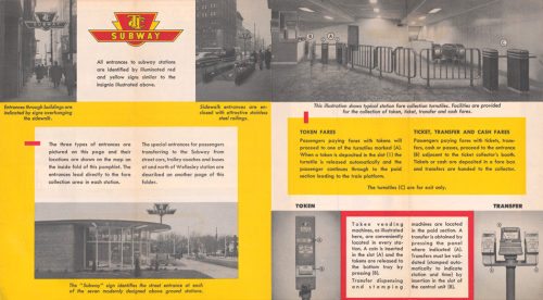 A brochure featuring photographs of the inside and outside of subway stations, and ticket machines.