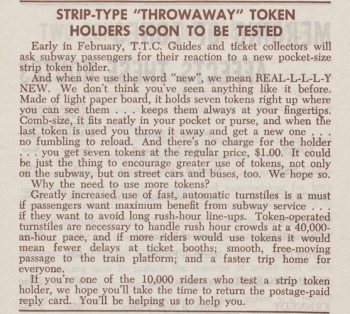 Article titled strip-type throwaway token holders soon to be tested.