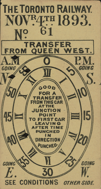 This transfer has printed ovals on it with both Roman numerals and numbers, crossed out with a red pencil to indicate times. It also shows whether it was used in the a.m. or the p.m. the route a rider was transferring from, and whether the streetcar was going east or west..