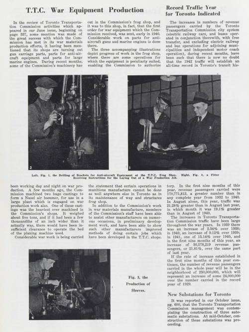 Three articles on one page. They are titled "T.T.C. War Equipment Production", "Record Traffic Year for Toronto Indicated", New Substations for Toronto"