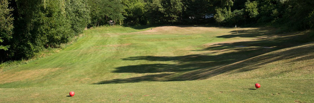 An image of a golf course surrounded by tall mature trees with a bridge in the background. Two red golf balls sit on top of tees in the lawn.