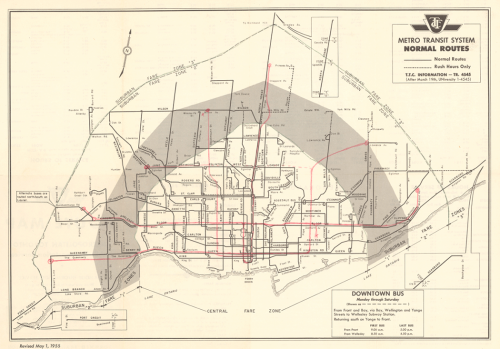 Map of Toronto with differently shaded semicircles showing a one-fare zone downtown and a two-fare zone in the suburbs.