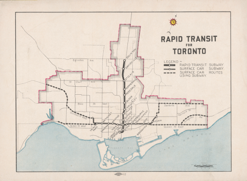 Map of Toronto showing planned rapid transit lines along Yonge Street to North York, and east and west along Queen Street. There are also smaller diagonal lines going from downtown to Weston and the Danforth.