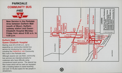 A map showing the route of the bus. It also has text explaining that the bus can be used by anyone but is mostly for people who have difficulty using the conventional bus service, and features a lower door and space for wheelchair users.