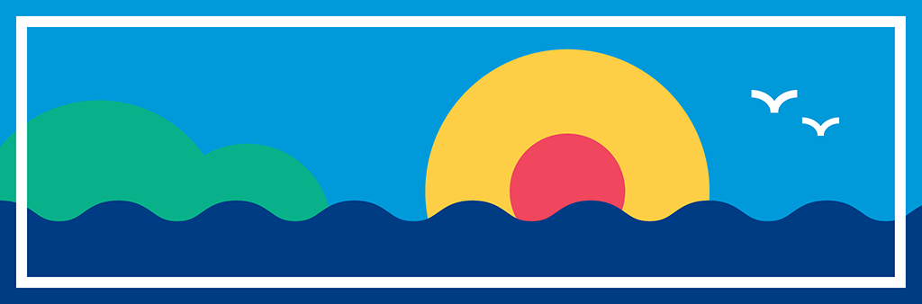 An illustration of land, water, the sun and sky.