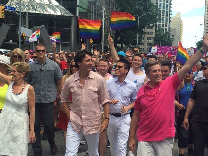 Prime Minister Justin Trudeau, Premier Kathleen Wynne and Mayor John Tory attending the 2016 Pride Parade