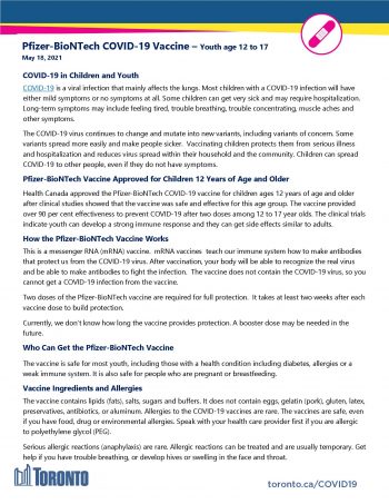 screenshot of COVID-19 vaccine fact sheet for youth age 12 to 17