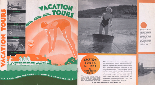 A vacation tours brochure with photographs showing people water skiing, fishing, golfing, and playing tennis. There is also a drawing of a large resort hotel.