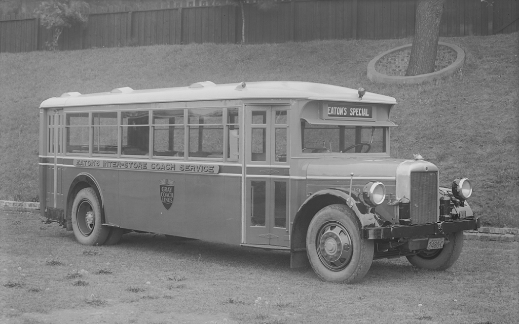 Empty bus showing front and side view.