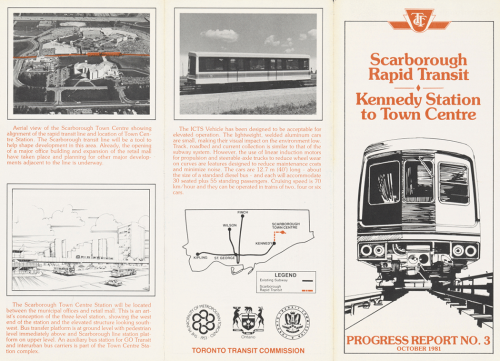 Pamphlet with perspective drawing of elevated track. Includes new ICTS vehicle to be used.