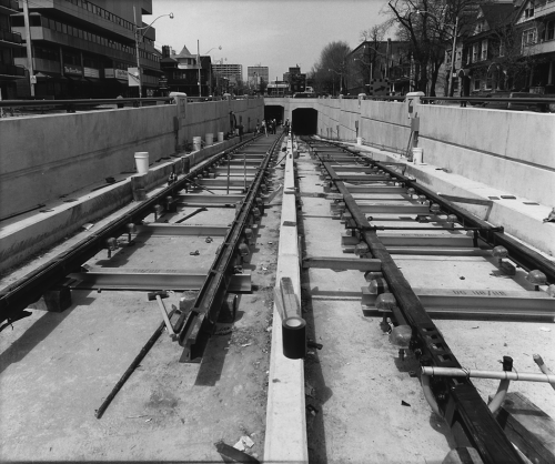 Newly installed trackwork heading down ramp,