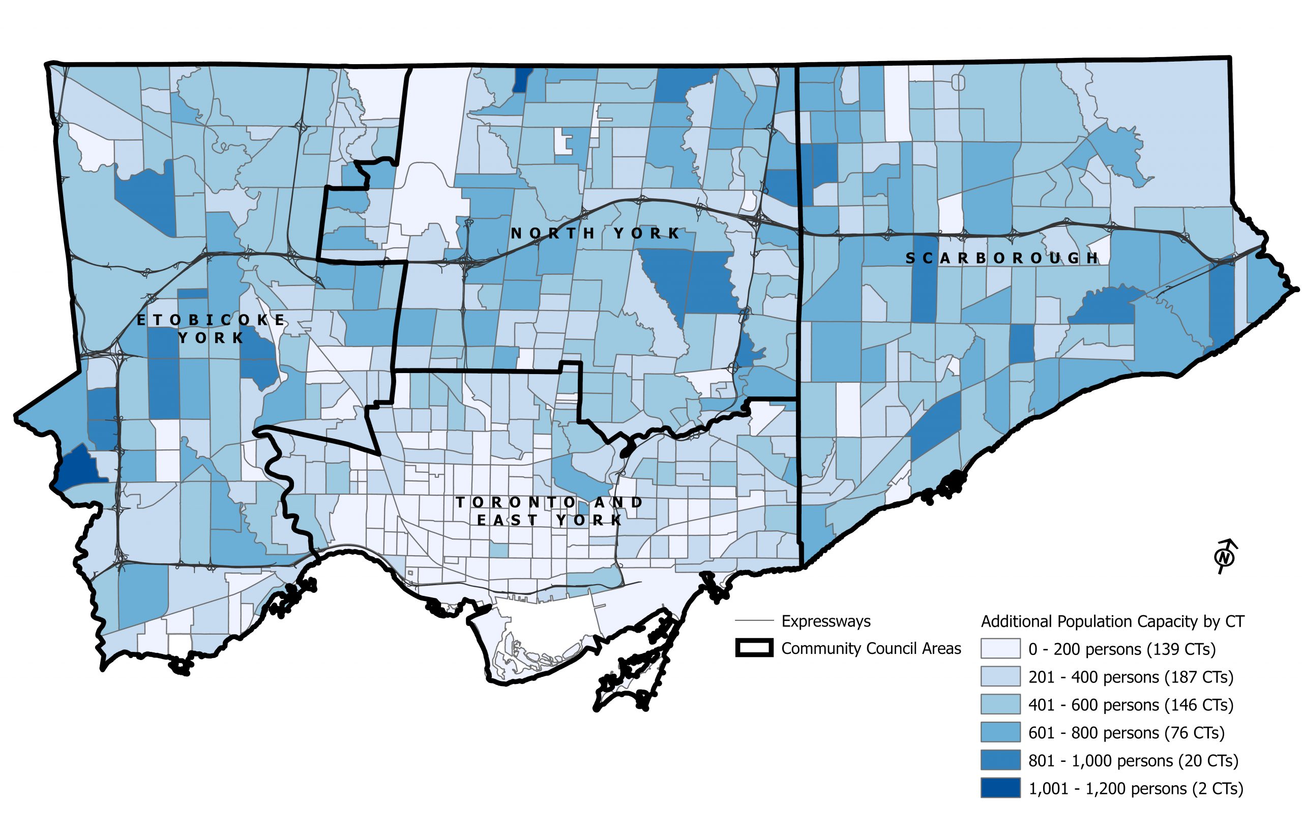 Map showing the location of estimated additional population from turnover of dwellings occupied by older generation households, shown in colour, by census tract. For more information please contact cityplanning@toronto.ca or call Hailey Toft at 416-392-8343.